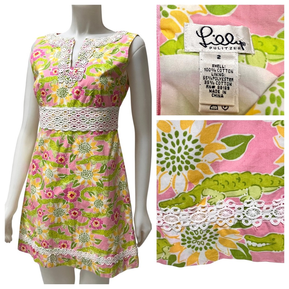 Lilly Pulitzer Mimosa Everglades Alligator Gator Shift Dress Size 2 Crochet Y2K